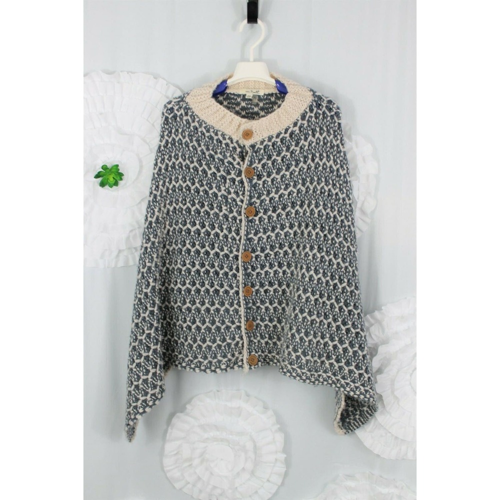 Simply Noelle Mock Neck Chunky Knit Poncho Shawl Cape Blue/ Ivory Button Up OS